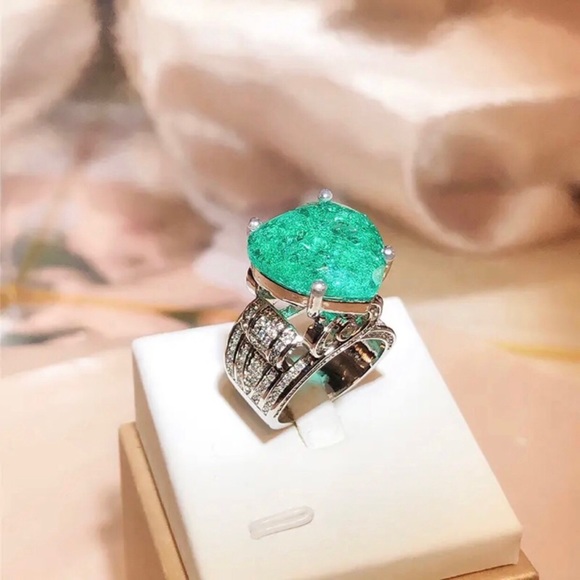 Ladies elegant large paraiba tourmaline emerald heart stone 925 ring 10 NIB - Picture 3 of 15